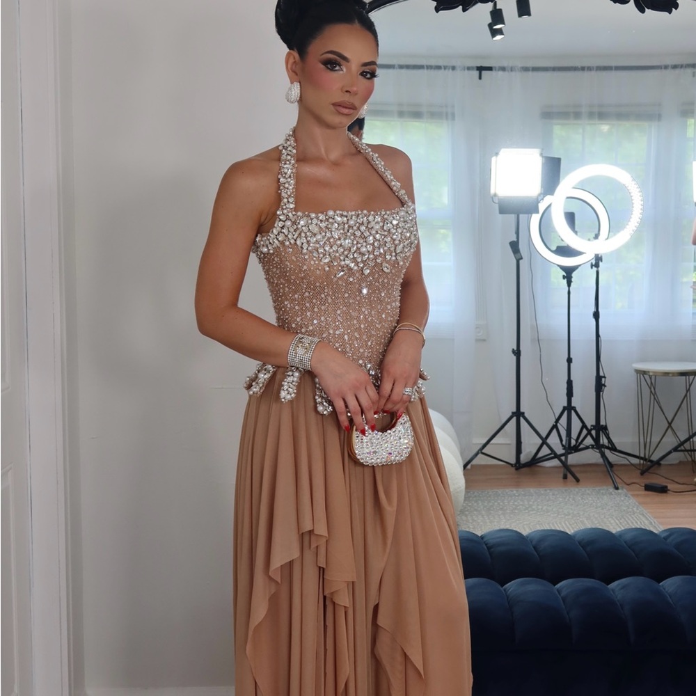 Glamorous Tan Maxi Dress with Sparkling Details